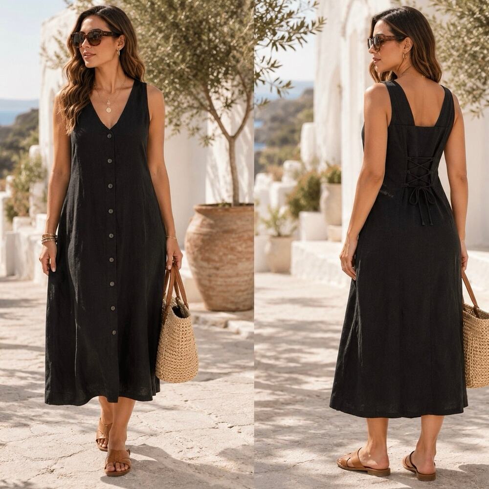 Old Navy Linen Blend Midi Dress XS Black Button Front Corset Back Sleeveless